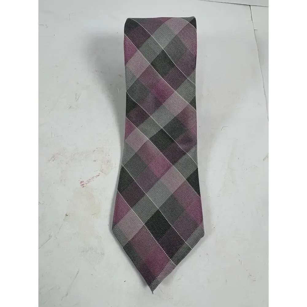 Michael Kors Mens Silk Blend Tie Pink Gray Plaid Check Designer Necktie Classic